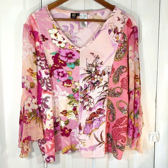 Bila Tops - Bila Hand-beaded Floral Blouse w/ Flowy Mesh Butterfly Sleeves Sz 3X